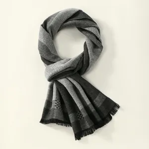Close-up of the thick knit texture and black tassels on the striped winter scarf