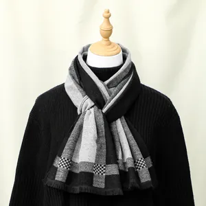 Men's striped cashmere-like scarf with classic black gray white checkered patterns and tassels