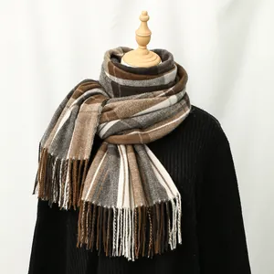 Classic British style plaid cashmere-feel scarf with tassels for winter warmth