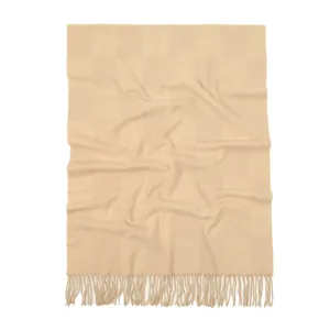 Beige waffle weave scarf with tassels for winter, soft knit cashmere-like warm pashmina