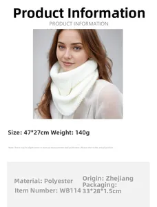 Detailed size and material chart for white polyester knitted cowl scarf measuring 47x27cm