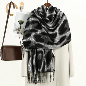 Women Fashion Leopard Print Scarf Thickened Faux Cashmere Winter Shawl With Tassels Elegant Warm Wrap For Ladies