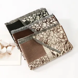 Three-color leopard print faux cashmere scarves with tassels and warm patchwork texture