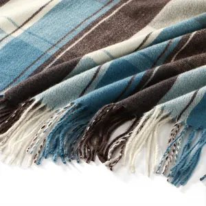 Blue and coffee plaid cashmere-like scarf with long fringe and thick knit texture