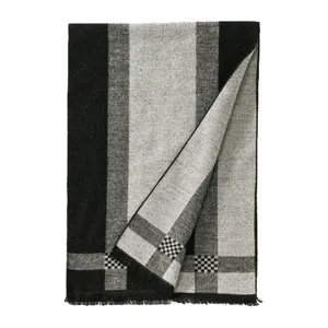Men's striped cashmere-like scarf with classic grey fringe and thick plaid pattern