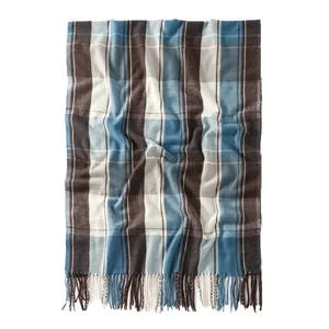 Classic British style checkered cashmere-like scarf with warm tassels for winter