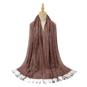Classic paisley pattern long shawl with tassels in deep red brown polyester