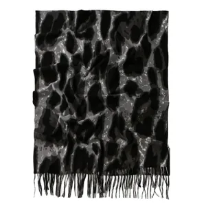 Fashionable leopard print cashmere-like scarf with black fringes for winter warmth