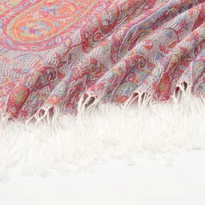 Polyester paisley pashmina shawl with tassel fringe and colorful jacquard pattern