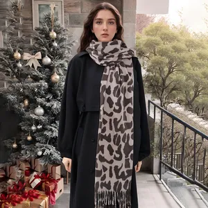 Écharpe Femme Imprimé Léopard en Imitation Cachemire Hiver Chaud Châle avec Glands Pashmina Épais Doux pour Quotidien Fête