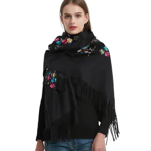 Elegant black pashmina shawl with colorful vine floral embroidery and fringe trim