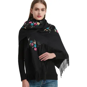 Women Faux Cashmere Scarf Winter Warm Shawl With Vine Floral Embroidery Long Tassel Pashmina Wrap For Autumn Winter