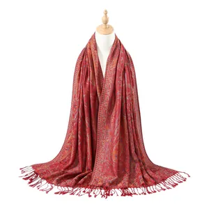 Red paisley jacquard long scarf with tassels, bohemian style pashmina shawl for women