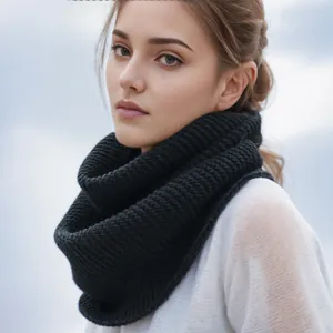 Thick black knitted infinity scarf with chunky texture for autumn and winter warmth