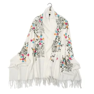Elegant off-white cashmere shawl with colorful floral vine embroidery and tassel edges