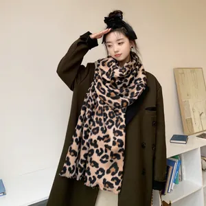 Classic leopard print cashmere-like thick scarf with fringe details for autumn and winter