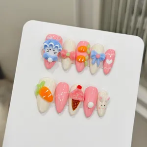 Handmade 3D Rabbit Press On Nails Sweet Pink Cream White Almond Shape Fake Nails For Women Girl Decorative Manicure Tool