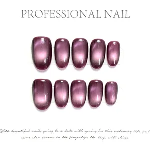 Short square deep purple cat eye press-on nails set with shimmering glossy finish