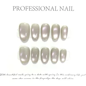 Silver grey cat eye press-on nails with purple aurora shimmer 10-piece set