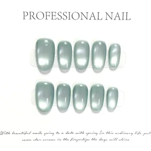 Faux ongles œil de chat vert-gris scintillant de forme ovale ronde pour femmes