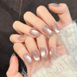 Handmade Cat Eye Press On Nails Translucent Enchanting Purple Glossy Short Oval Artificial Nails For Women DIY Salon Manicure
