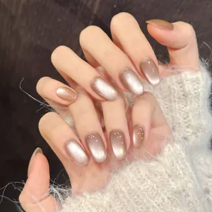 Handmade Nude Cat Eye Press On Nails Ice Translucent Short Oval Magnetic False Nails Set With Tool Kit For Women Manicure
