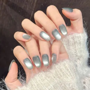 Faux Ongles Oeil de Chat Gris Vert Faits à la Main Ovale Court Design Mer de Verre Brillant pour Femme Décoration de Manucure