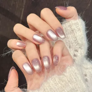 Unghie Finte Professionali Occhio di Gatto Viola Chiaro Lucido Ovale Corto Shimmer Ghiaccio Trasparente Decorazione Quotidiana Donna