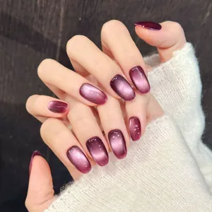 Handmade Purple Cat Eye Press On Nails Short Oval Gradient Shimmer False Nails For Women Daily Nail Art Decoration