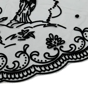 Close-up of intricate black floral lace embroidery on sheer mesh with scalloped edges