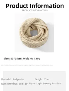 Detailed infographic of cream knit cowl scarf showing 53x25cm dimensions and polyester material