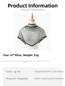 Close-up of black polka dot lace scarf with dimensions 67x50cm and polyester mesh detail