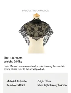 Detail view of black lace shawl featuring intricate floral embroidery and scalloped edges