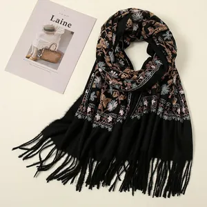 Vintage Ginkgo Floral Embroidery Scarf For Women Winter Warm Imitation Cashmere Scarf Elegant Tassel Long Shawl Wrap Gift
