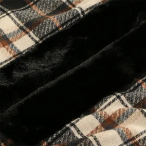 Detail of plaid cashmere-like shawl featuring thick faux fur trim and woven texture