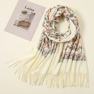 Beige cashmere-like scarf with floral ginkgo embroidery and fringe tassels for women