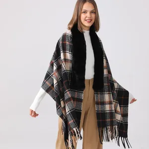 Plaid Faux Cashmere Shawl For Women Winter Warm Thick Wrap With Faux Fur Collar Tassels Elegant Vintage Cape Scarf