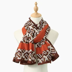 Lightweight breathable cotton linen feel scarf with geometric print for travel and beach