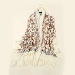 Beige floral embroidered pashmina scarf with elegant tassels for autumn and winter fashion