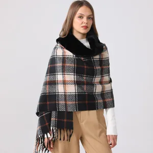 Women's plaid cashmere-like shawl with faux fur collar and elegant tassel trim