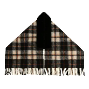 Plaid cashmere shawl with faux fur collar and fringe trim in black and beige