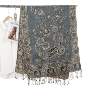 Sciarpa blu con motivo paisley jacquard con eleganti nappe e fiori vintage da donna