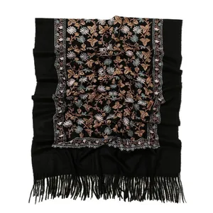 Black cashmere-feel scarf with vintage floral embroidery and fringe tassels