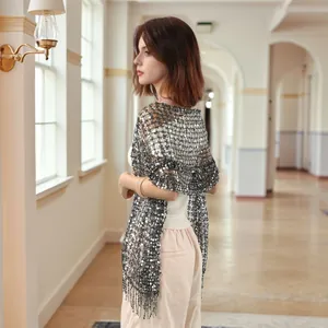 Elegant silver sequin mesh shawl with long tassels for women's party and evening wear