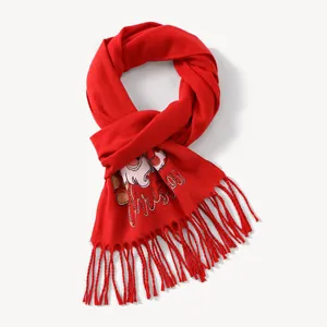 Red Christmas scarf with Santa pattern, soft cashmere feel and long tassels for winter