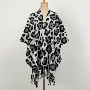 Women Fashion Leopard Print Shawl Wrap Thick Polyester Fringe Tassel Poncho For Winter Autumn Outdoor Vacation Scarf