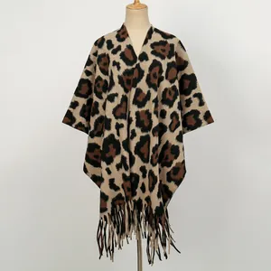 Women's leopard print knit shawl cape with fringe hem and thick warm material