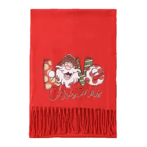 Red Christmas scarf with Santa Claus patterns, fringe edges, and LOVE Christmas print