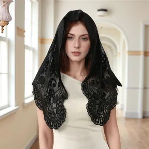 Women's Elegant Floral Lace Embroidery Triangle Shawl Scalloped Edge Polyester Mantilla For Church Wedding Decorative Scarf