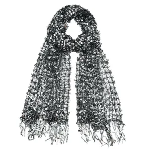 Sparkling black sequined knit shawl with silver glitter and fringe ends for evening party wear